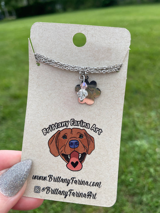 Paw Print Charm Necklace || Silver Chain || Crystal Dangle