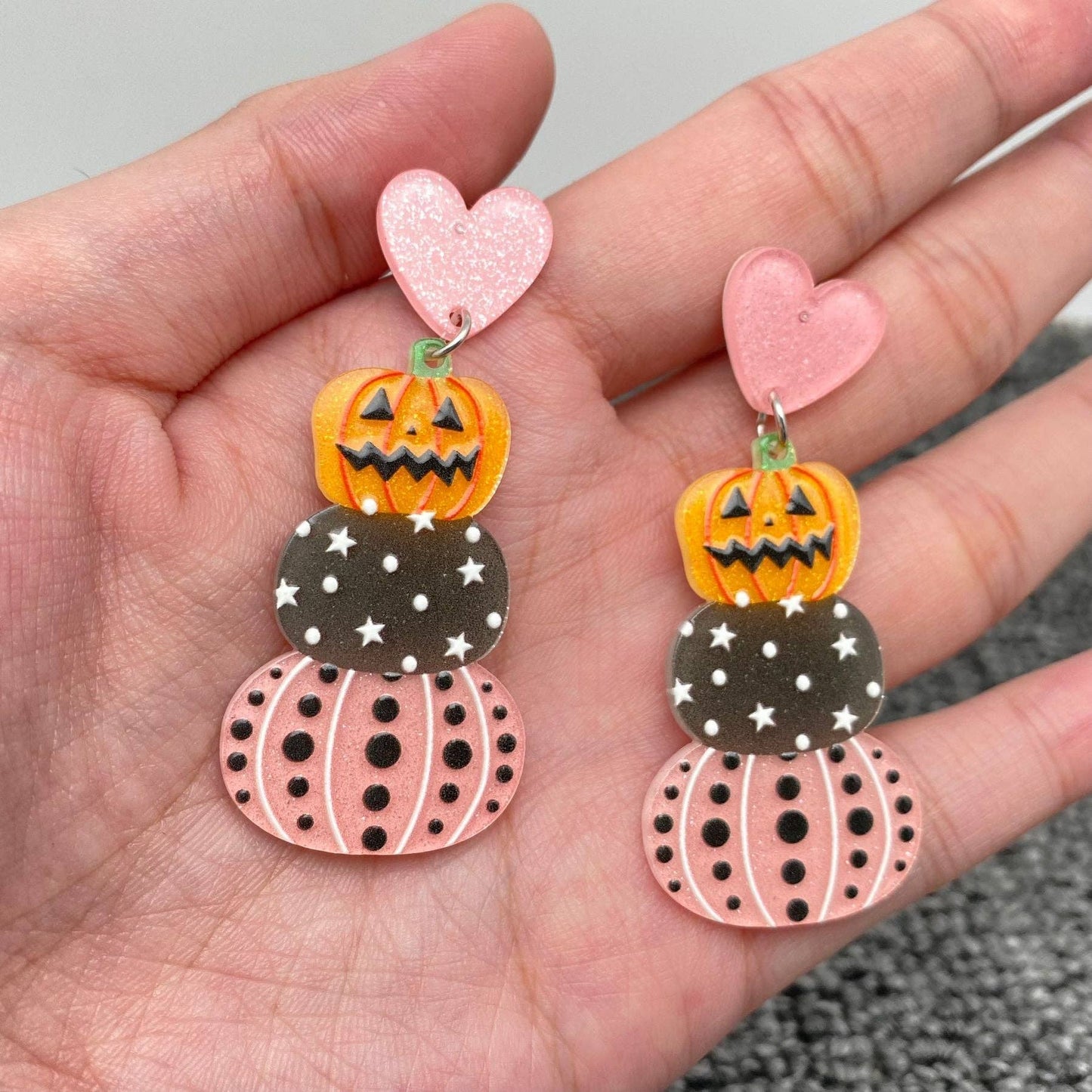 Halloween Acrylic Pumpkin Pink Heart Post Earrings