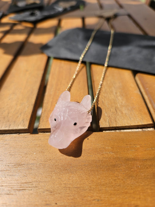 Rose Quart Wolf Necklace