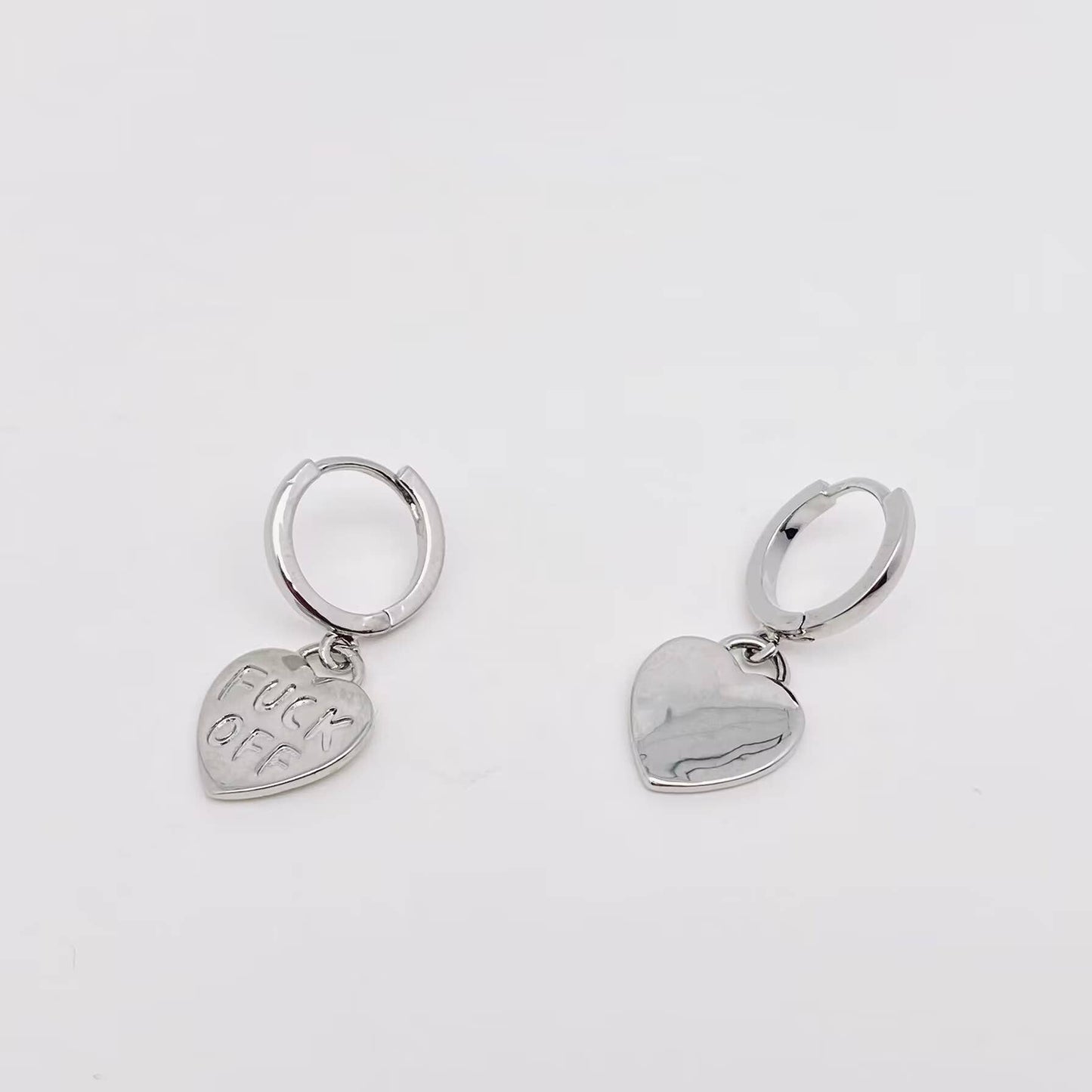 F*ck Off Huggie Earrings || Heart Shape Dangle || Silver Plated