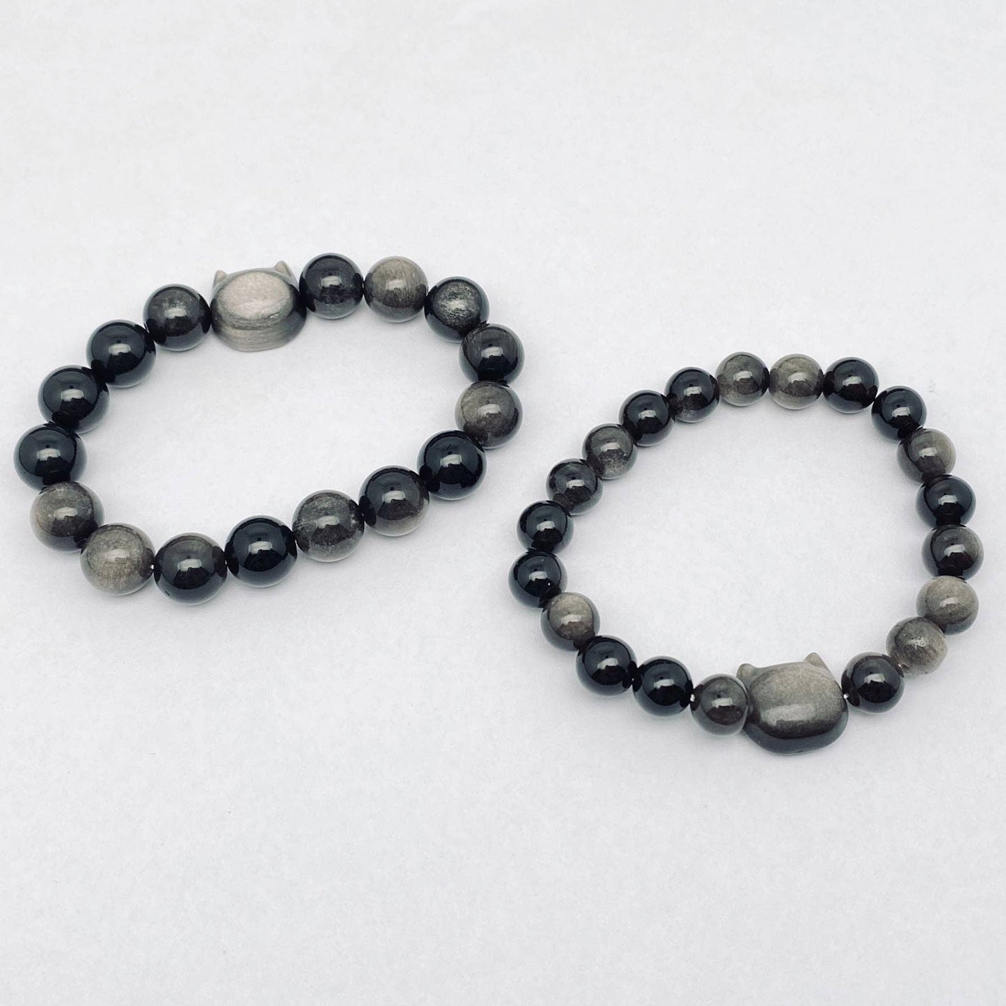 Silver Obsidian Beaded Cat Head Charm Elastic Bracelet