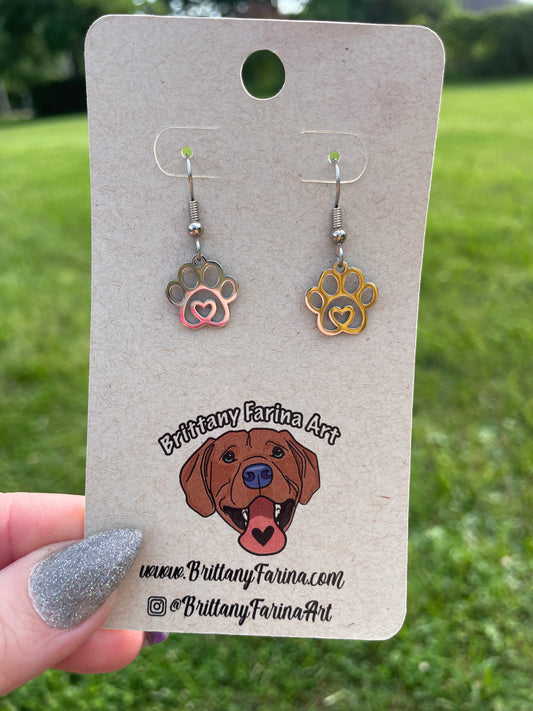 Silver Heart Pawprint Earrings || Dangle Charm