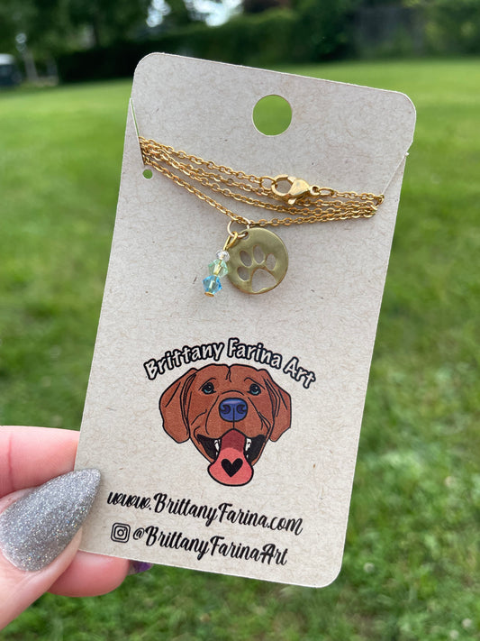 Paw Print Charm Necklace || Gold Chain || Crystal Dangle