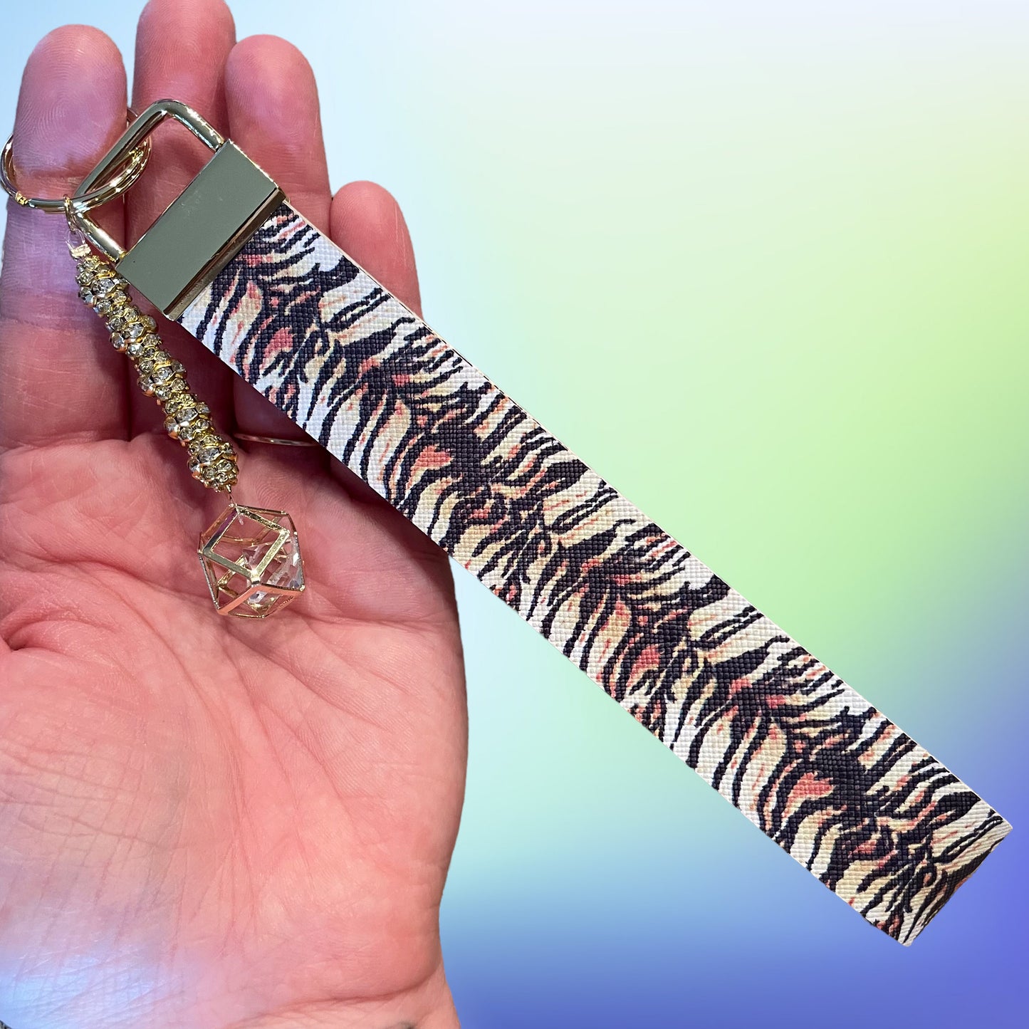 Tiger Print Faux Leather Wristlet - gold dangle