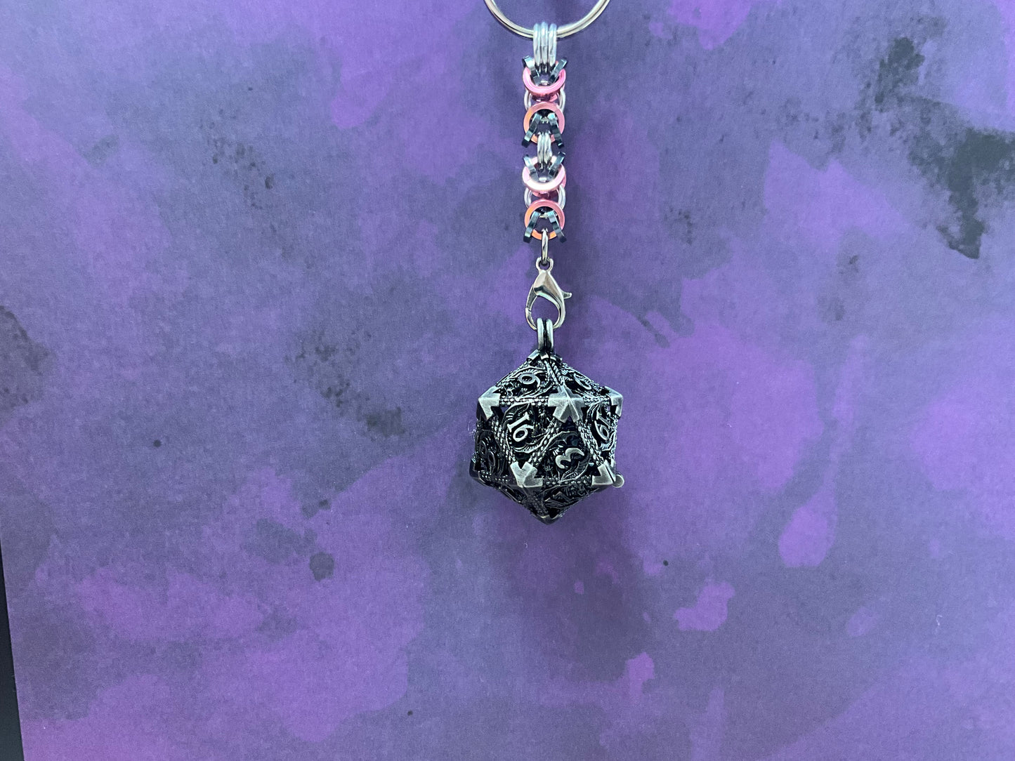 D20 Chainmaille Keychain || Micro Dice Set Inside