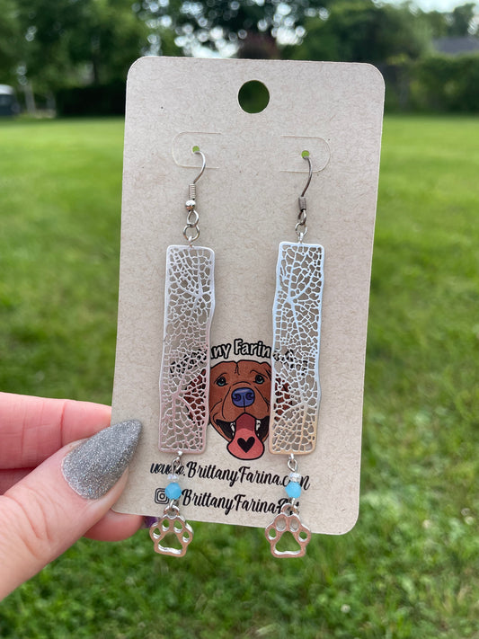 Silver Dangle Earrings || Shoulder Dusting Length || Paw Print Charm