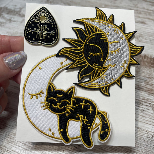 She/Her Planchette Pin, Sun/Moon & Cat/Moon Patches