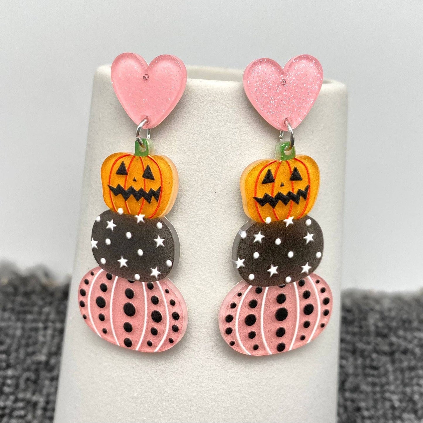 Halloween Acrylic Pumpkin Pink Heart Post Earrings