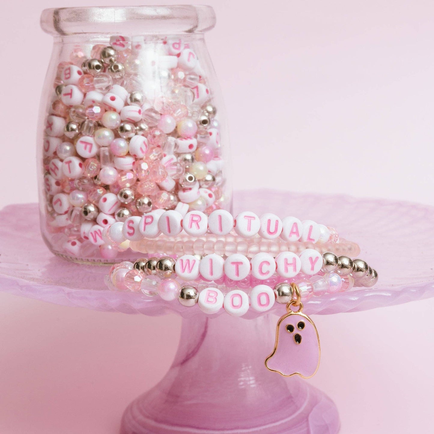 BOO Pastel Pink Letter Bead & Ghost Charm DIY Bead Jar