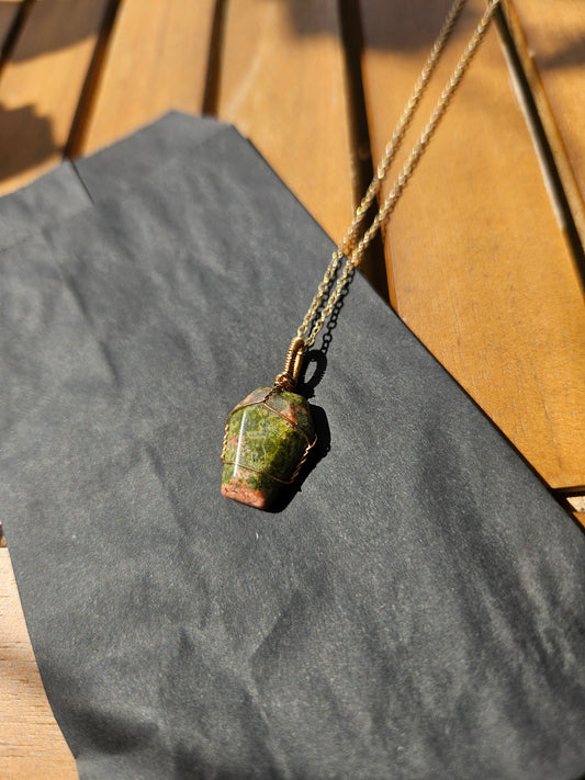 Unakite Wire Wrapped Coffin Necklace