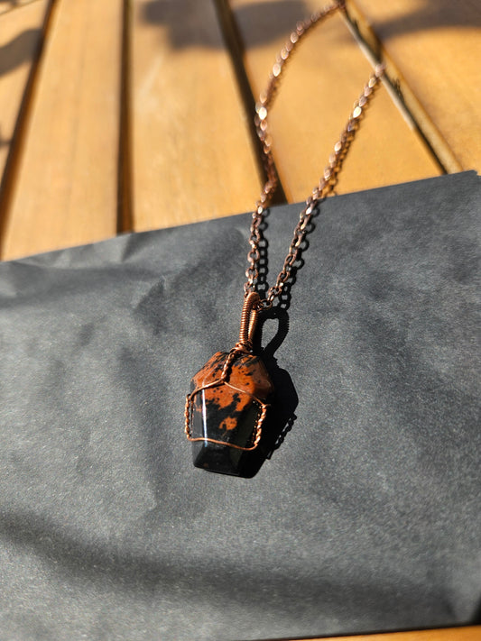 Mahogany Obsidian Wire Wrapped Coffin Necklace