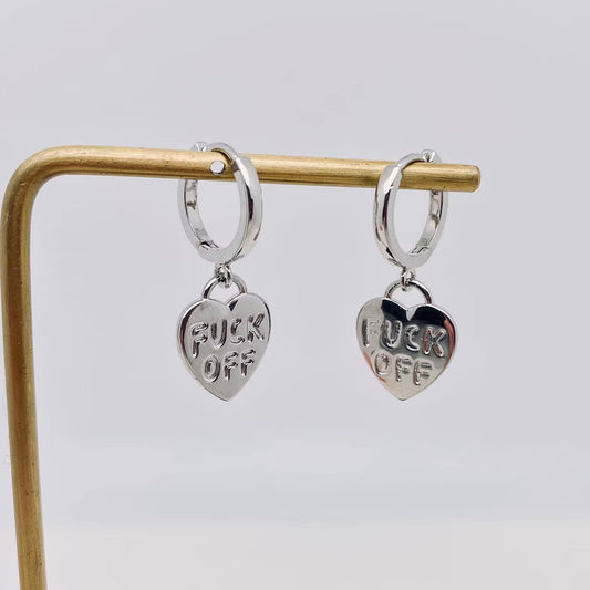 F*ck Off Huggie Earrings || Heart Shape Dangle || Silver Plated