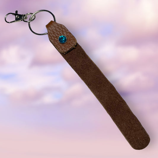 Brown Leather Keychain Strap — blue rhinestone