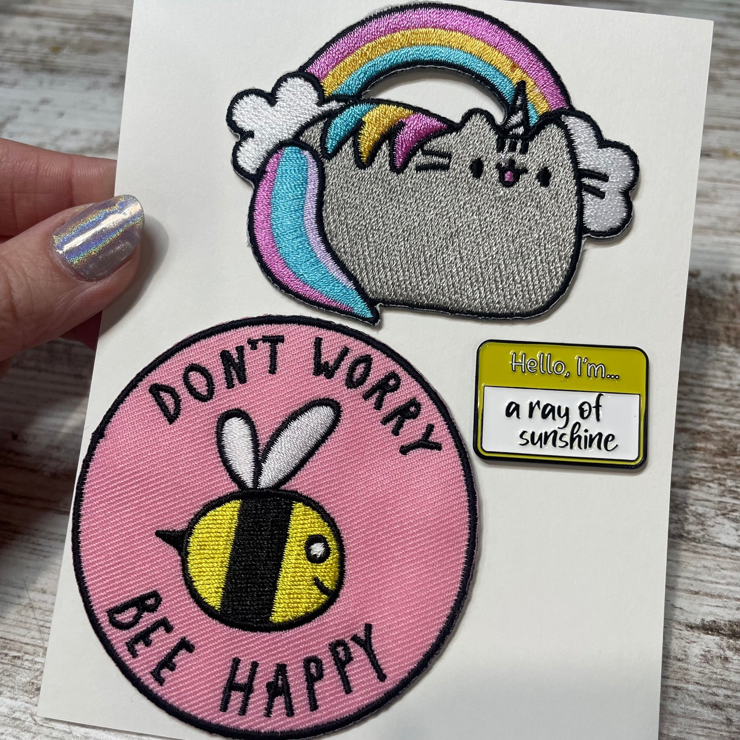 Ray of Sunshine Pin, Bee Happy & Pusheen Patches