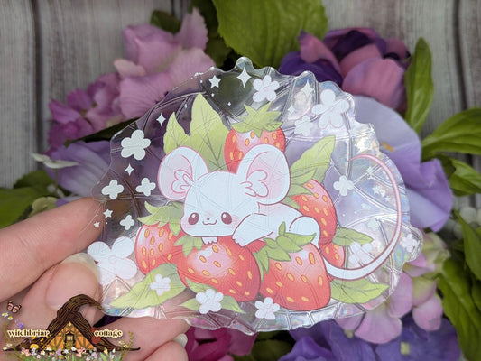 Strawberry Mouse Suncatcher Window Cling, Rainbow Refracting Window Decal