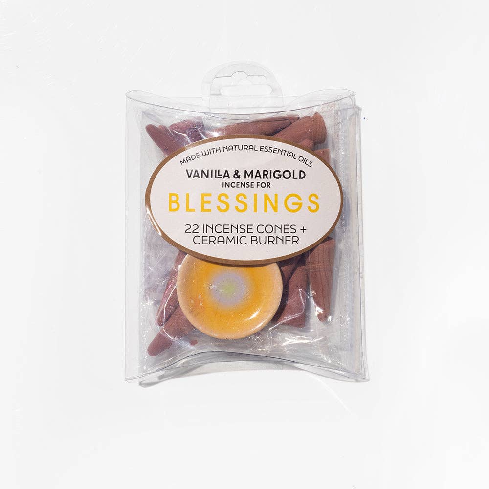 Blessings Vanilla & Marigold 22 Incense Cones and Ceramic Burner