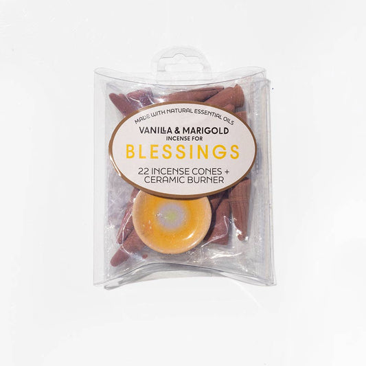 Blessings Vanilla & Marigold 22 Incense Cones and Ceramic Burner