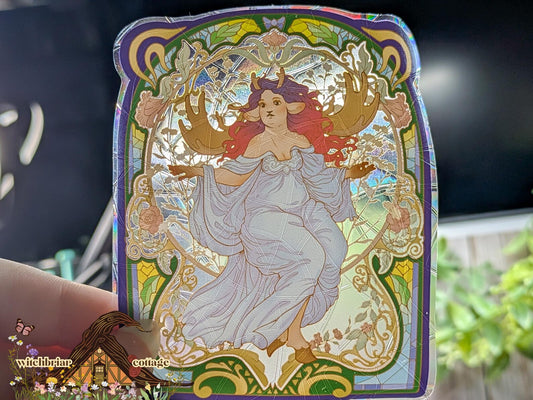 Art Nouveau Deer Girl Suncatcher Window Cling, Rainbow Refracting Window Decal