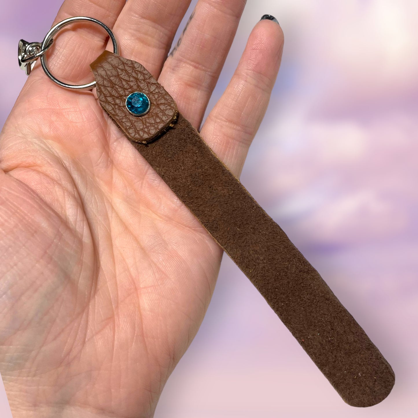 Brown Leather Keychain Strap — blue rhinestone