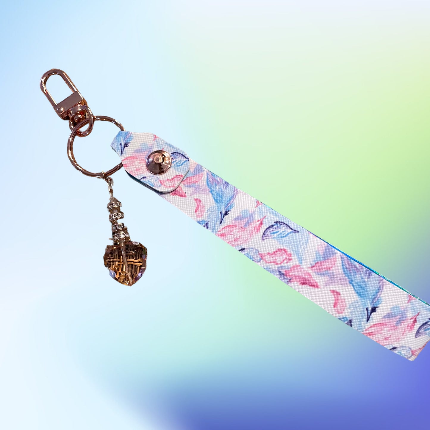 Watercolor Feather Print Faux Leather Keychain - with dangle