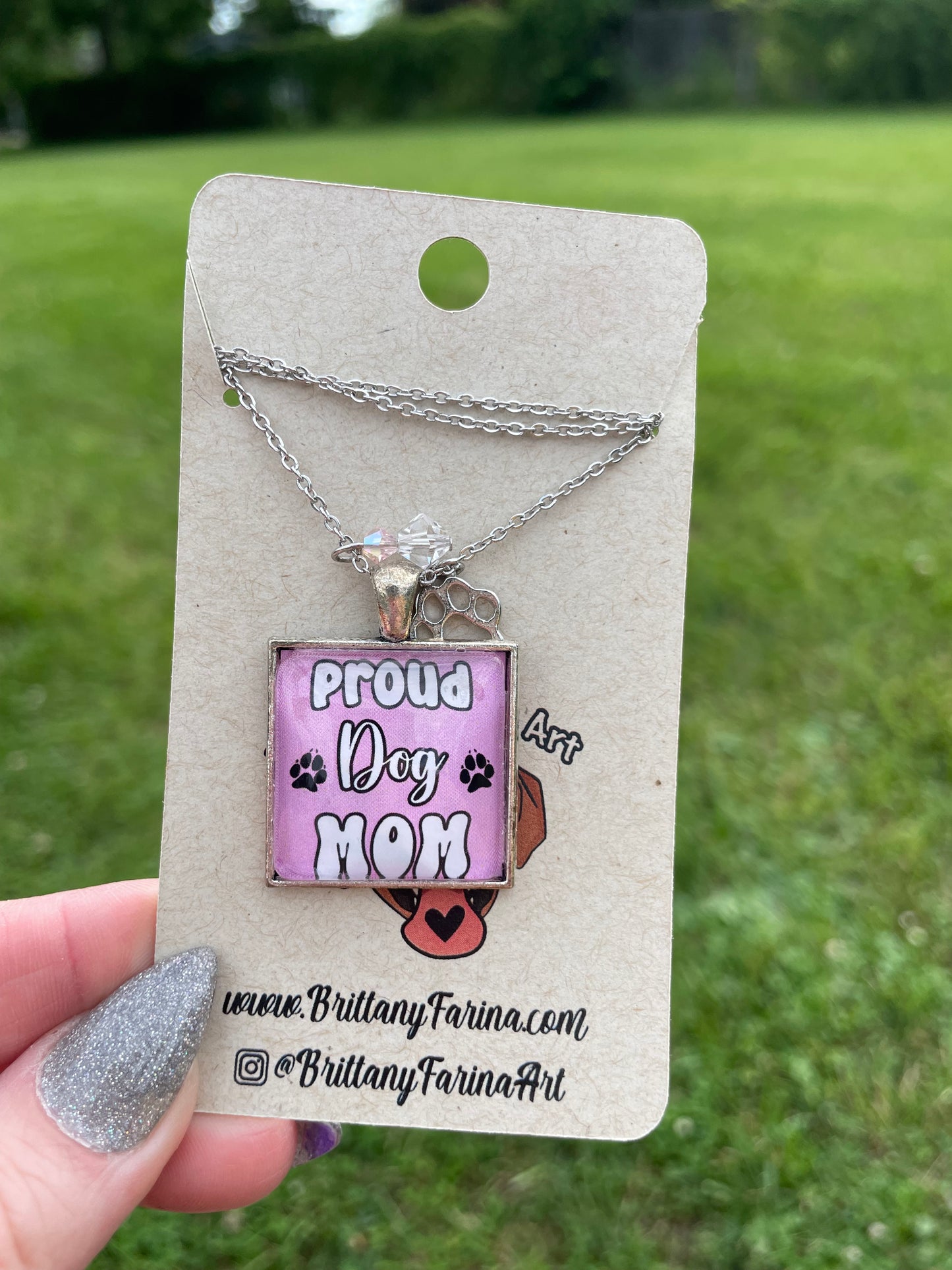 Proud Dog Mom Necklace || Pink Crystal Charm || Pawprint Jewelry