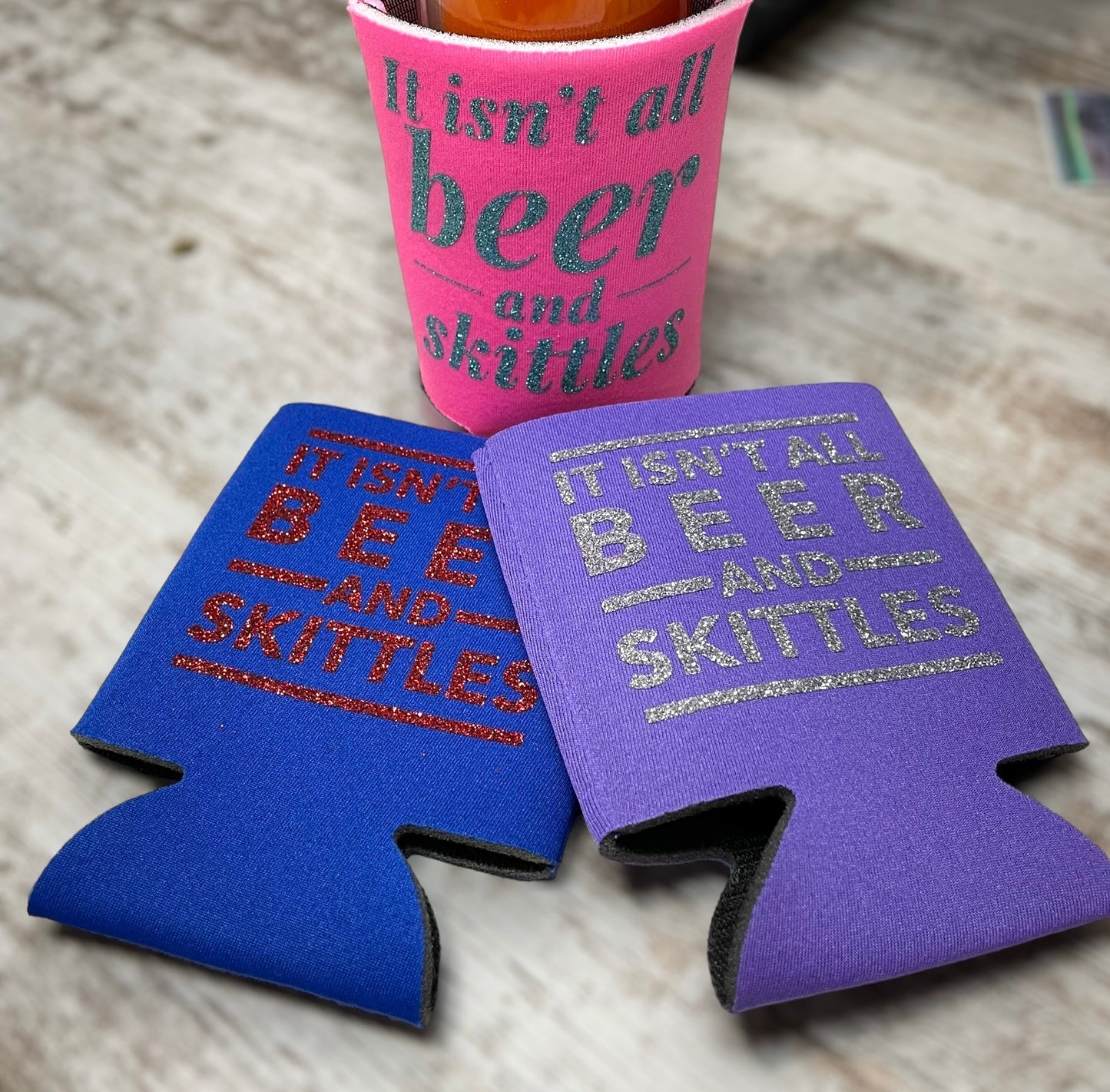 Beer and Skittles Coozie