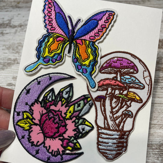 Butterfly, Mushroom Light Bulb, & Crystal Moon Patches