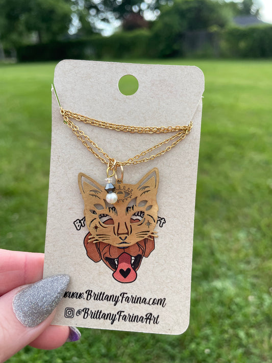 Wisdom Cat Necklace || Brass Charm