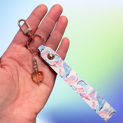 Watercolor Feather Print Faux Leather Keychain - with dangle
