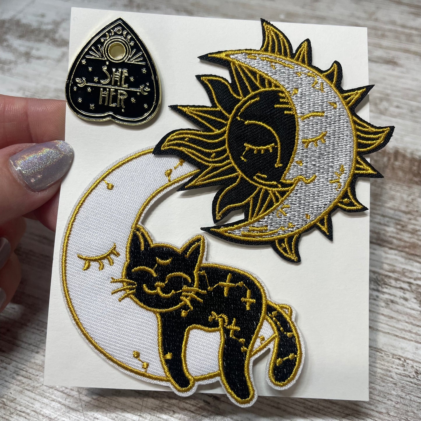 She/Her Planchette Pin, Sun/Moon & Cat/Moon Patches