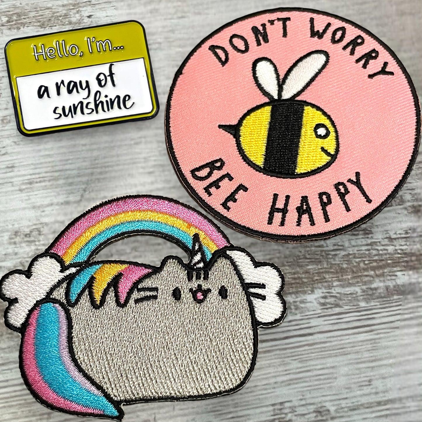 Ray of Sunshine Pin, Bee Happy & Pusheen Patches