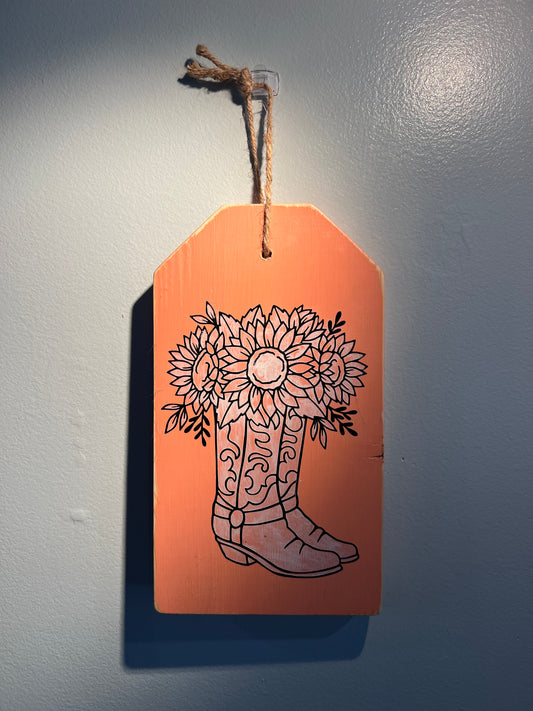 Reclaimed Wood Floral Boots Sign