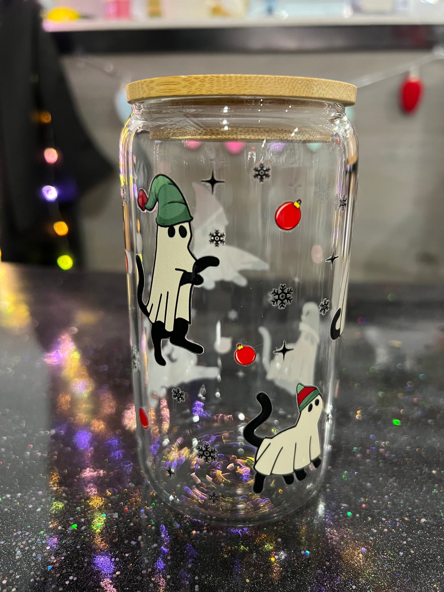 16oz Glass Tumbler - Christmas Cats