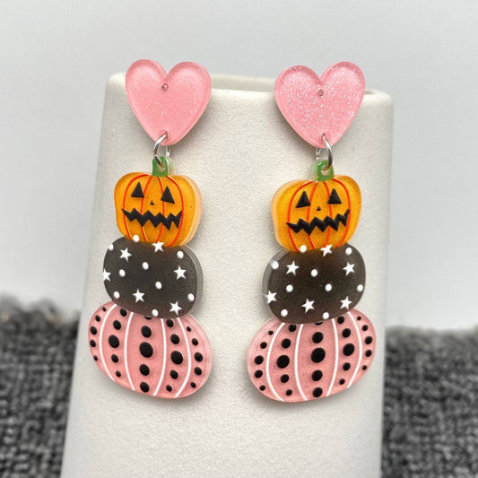 Halloween Acrylic Pumpkin Pink Heart Post Earrings