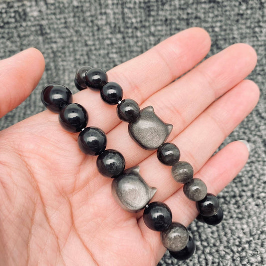 Silver Obsidian Beaded Cat Head Charm Elastic Bracelet